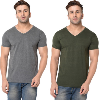 Tresna Trending Solid Men V Neck Dark Green, Grey T-Shirt