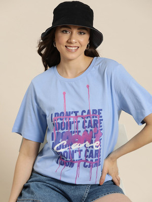 HERE&NOW Printed Women Round Neck Blue T-Shirt