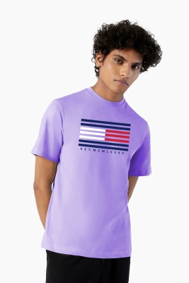 Magneto Geometric Print Men Round Neck Purple T-Shirt