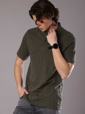 V-MART Striped Men Polo Neck Green T-Shirt