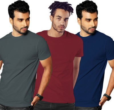 FADMARK Solid Men Round Neck Maroon, Blue, Grey T-Shirt