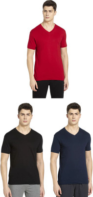 JOCKEY Solid Men V Neck Black, Dark Blue, Red T-Shirt
