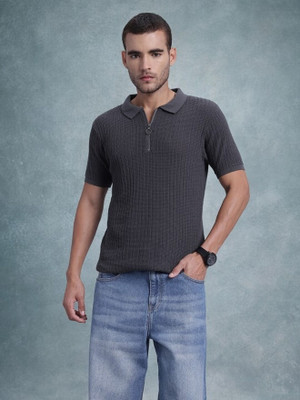 Roadster Self Design Men Polo Neck Grey T-Shirt