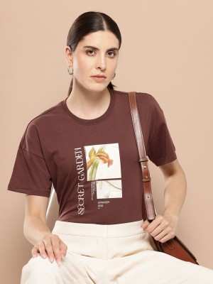 CHEMISTRY Printed Women Round Neck Brown T-Shirt