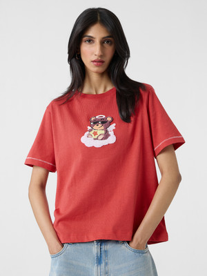 The Souled Store Embroidered Women Round Neck Maroon T-Shirt