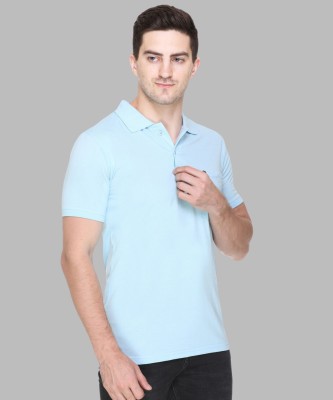 White Moon Solid Men Polo Neck Blue T-Shirt
