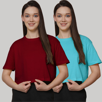 FRISKERS Solid Women Round Neck Multicolor T-Shirt