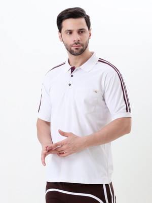 Resteez Striped Men Polo Neck White T-Shirt