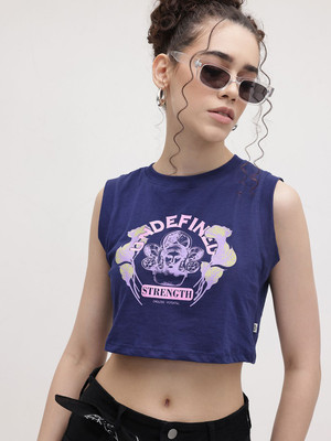 Roadster Printed Women Round Neck Blue T-Shirt