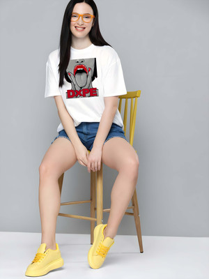Kaido Printed Women Round Neck White T-Shirt