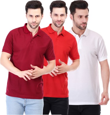 Fabarroe Solid Men Polo Neck Maroon, Red, White T-Shirt