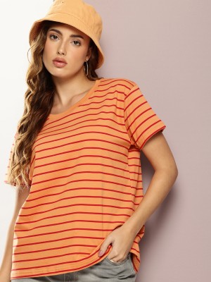 DILLINGER Striped Women Round Neck Beige, Pink T-Shirt