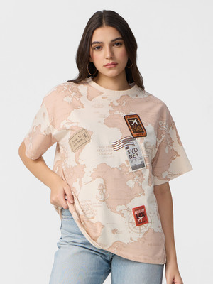 The Souled Store Embroidered Women Round Neck Beige T-Shirt