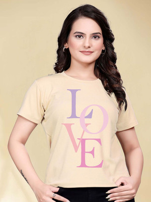Moda Rapido Printed Women Round Neck Beige T-Shirt
