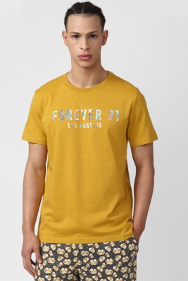 FOREVER 21 Typography Men Round Neck Yellow T-Shirt