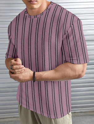 BELPATRA Striped, Self Design Men Round Neck Purple T-Shirt