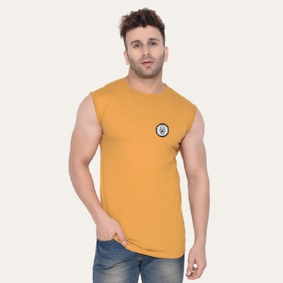 Girdhar Solid Men Round Neck Gold T-Shirt