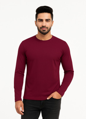 Estixx Solid Men Round Neck Maroon T-Shirt