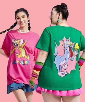 TOM AND JERRY by DreamBe Printed Women Round Neck Multicolor T-Shirt