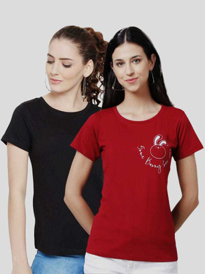 DUDOZEES Printed Women Round Neck Red, Black T-Shirt