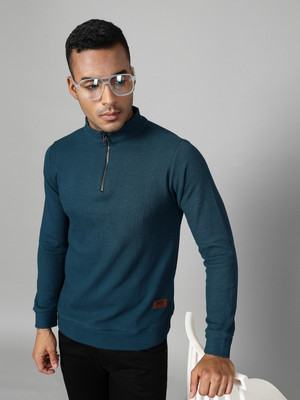 RIGO Solid Men Turtle Neck Dark Blue T-Shirt