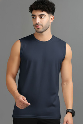 Jangoboy Solid Men Round Neck Navy Blue T-Shirt
