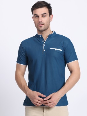 N AND J Solid Men Henley Neck Blue T-Shirt