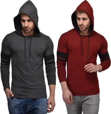 Zoby Military Camouflage Men Hooded Neck Maroon, Grey T-Shirt