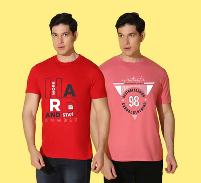 WOOSTRO Printed Men Round Neck Pink, Red T-Shirt