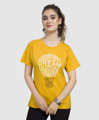 Monisha Plus Printed, Typography Women Round Neck Yellow T-Shirt