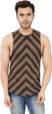 Styvibe Striped Men Round Neck Brown T-Shirt