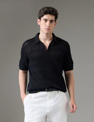 Arrow Newyork Printed Men Polo Neck Black T-Shirt