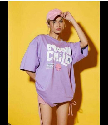 DECENCY Printed, Typography Women Round Neck Purple T-Shirt
