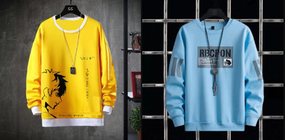 MUUNKEY Printed Men Round Neck Light Blue, Yellow T-Shirt