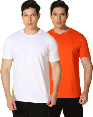 WOOSTRO Solid Men Round Neck Orange, White T-Shirt