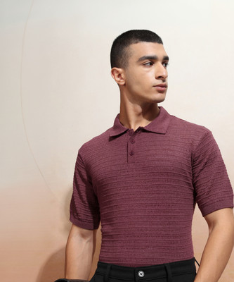 HIGHLANDER Solid Men Polo Neck Maroon T-Shirt