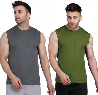 MR THINK Solid Men Round Neck Grey, Green T-Shirt