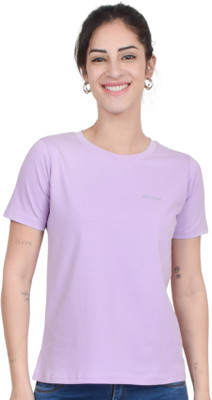ATHOME Solid Women Round Neck Purple T-Shirt