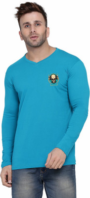 Money Leaf Printed Men V Neck Light Blue T-Shirt