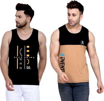 SLOWLORIS Printed Men Round Neck Black, Beige T-Shirt