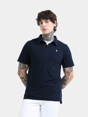 estuna Printed Men Polo Neck Navy Blue T-Shirt