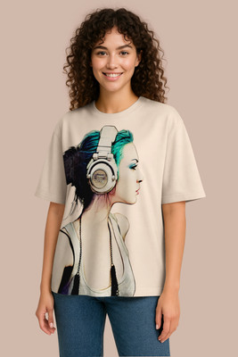 Hellcat Printed Women Round Neck Beige T-Shirt