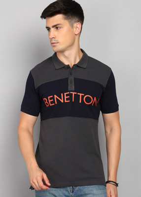 United Colors of Benetton Printed Men Polo Neck Grey T-Shirt