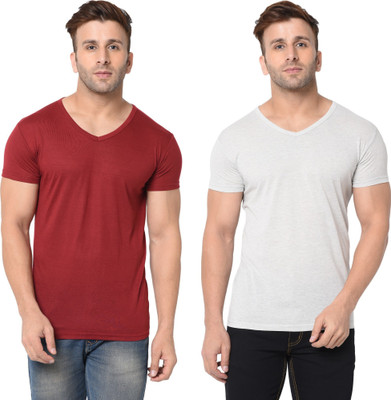 Adorbs Trend Solid Men V Neck Maroon, Grey T-Shirt