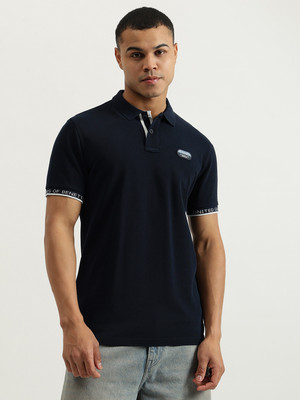 United Colors of Benetton Solid Men Mandarin Collar Blue T-Shirt