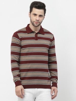 KALT Striped Men Polo Neck Maroon T-Shirt