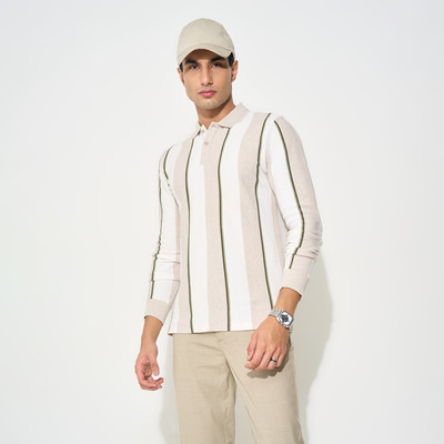 Peregrine by Pantaloons Striped Men Round Neck Beige T-Shirt
