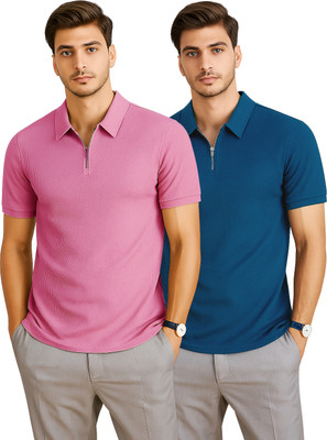 RMLKN Self Design Men Zip Neck Pink, Blue T-Shirt