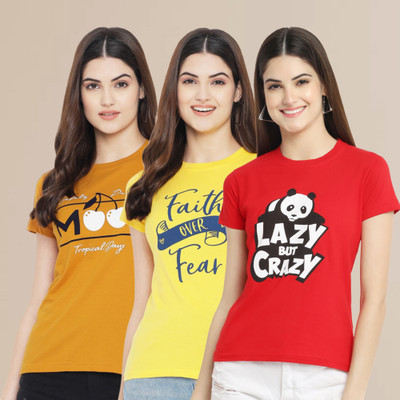 METRONAUT Printed Women Round Neck Yellow, Red T-Shirt