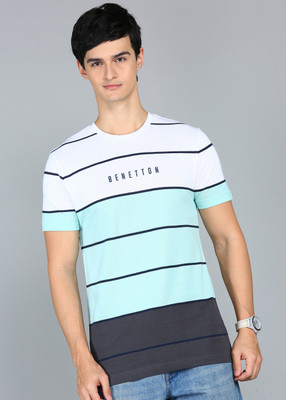 United Colors of Benetton Striped Men Round Neck Green T-Shirt